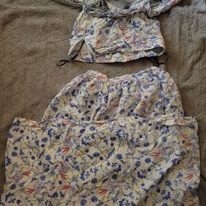 Floral Two-Piece Set with Blue and Red Accents